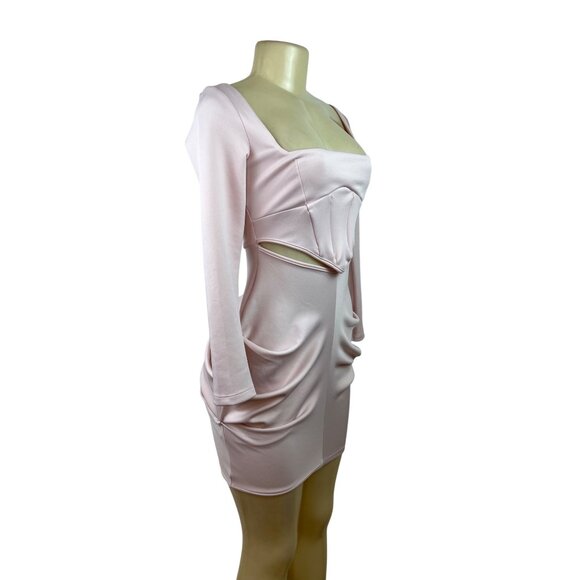 Asos Design Petite Pink Long Sleeve Mini Dress With Corset Detail & Cutout Sz 4P - Picture 1 of 7